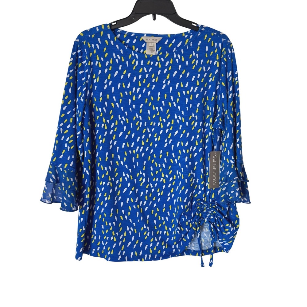 Multiples Women Abstract Ruffle Bell Sleeve Drawstring Hem Top Blouses Size M‎